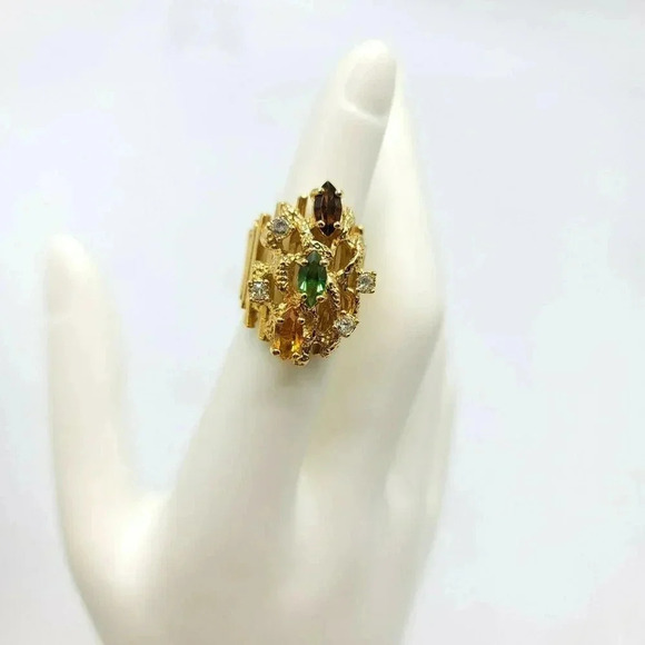 Multi-Color Glass Rhinestone 18KT HGE Gold Electroplate NOS Vintage Ring Size 5 - Picture 1 of 4